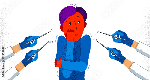Dentophobia fear of dentist doctor and painful teeth fixing vector illustration, boy surrounded with dentist hands in gloves with dental tools scared in panic attack.
