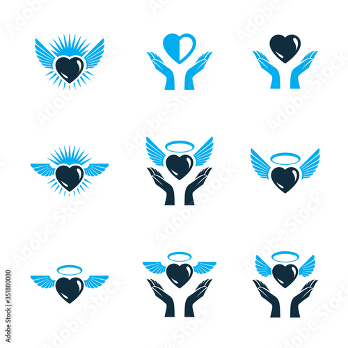 Guardian angel vector conceptual emblems collection, graphic illustrations for use in religious organizations