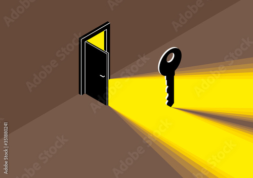The key to success vector conceptual illustration with half open door giving light to dark place and key, new opportunities, secret mysterious door.