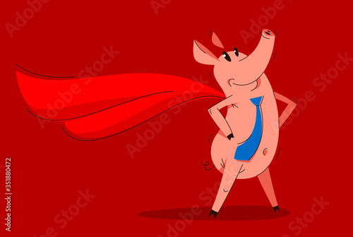 Funny cartoon businessman pig wearing a tie and stands confident like a superhero, business man swine humorous illustration, animal character drawing vector.