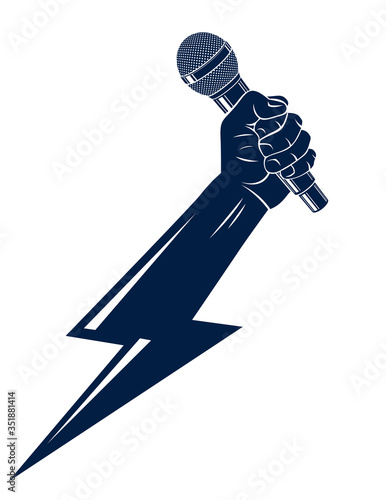 Microphone in hand in a shape of lightning, rap battle rhymes music, karaoke singing or standup comedy, vector logo or illustration, concert festival or night club label, t-shirt print.