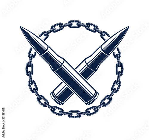 Two crossed bullets vector emblem or logo isolated on white, vintage style coat of arms crest, weapons, army force or gang sign.