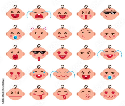 Cute baby cartoon vector flat icons set of emoji smiley collection, adorable, happy, smiling, laughing, showing tongue, cool pixel glasses, showing tongue, crying, sad and angry.