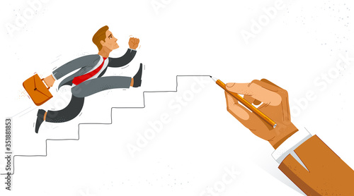 Business man run and hurry on stairs drawing by big hand of boss vector illustration, funny comic cute cartoon worker or employee motivated to career growth success.