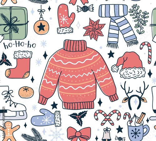 Christmas seamless pattern with winter elements vector illustration. Cozy sweater scarf hot chocolate ho-ho-ho skates and gloves flat style design. Seasonal holiday concept