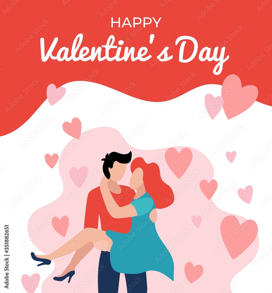 Happy Valentines day greeting card with couple in love vector illustration. Boyfriend carrying girlfriend on hands flat design. Sweet hearts decorations. Love and Feast of Saint Valentine concept Happy Valentines day greeting card with couple in love vector illustration. Boyfriend carrying girlfriend on hands flat design. Sweet hearts decorations. Love and Feast of Saint Valentine concept