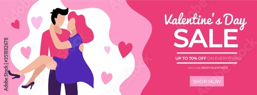 Happy valentines day sale banner with code vector illustration. Lovers and flying heart decorations flat style design. Discount on everything and shop now button. Love holiday concept