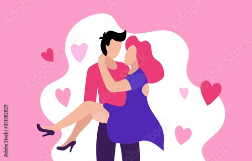 Man carrying woman on hand couple in love card vector illustration. Lovers happy together flat style design. Romantic background with hearts. Valentines day concept
