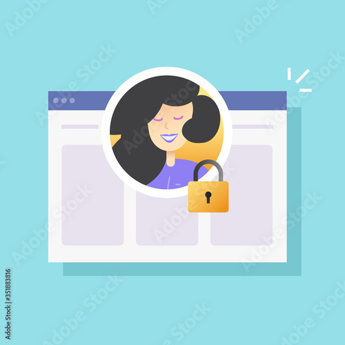 User account profile privacy lock or protected private digital internet security with closed padlock vector flat cartoon, illustration of person photo id or personal blocked website access icon