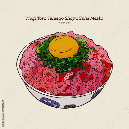 Negi Toro Tamago Shoyu Zuke Meshi Donburi, hand draw sketch vector.