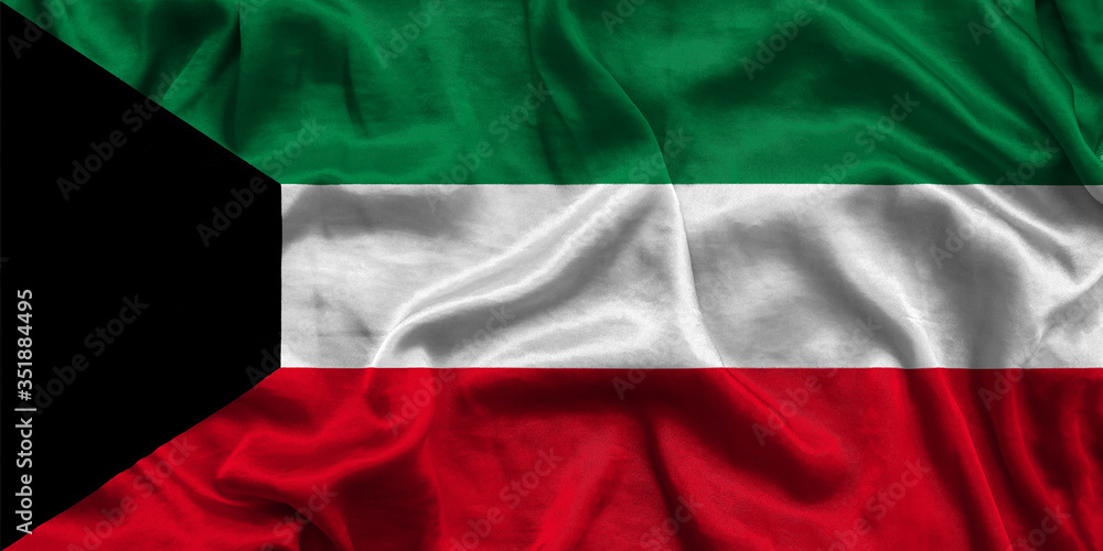 National flag of Kuwait background with fabric texture. Flag of Kuwait in correct proportions waving in the wind. 3D illustration
