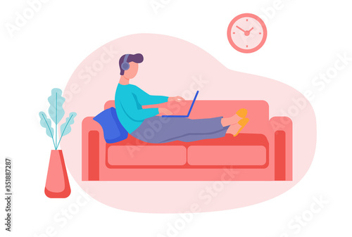 A young man is working on a laptop and sitting on the sofa. Concept freelance, remote work, work from home, self-isolation, quarantine, entertainment. Flat cartoon vector illustration.