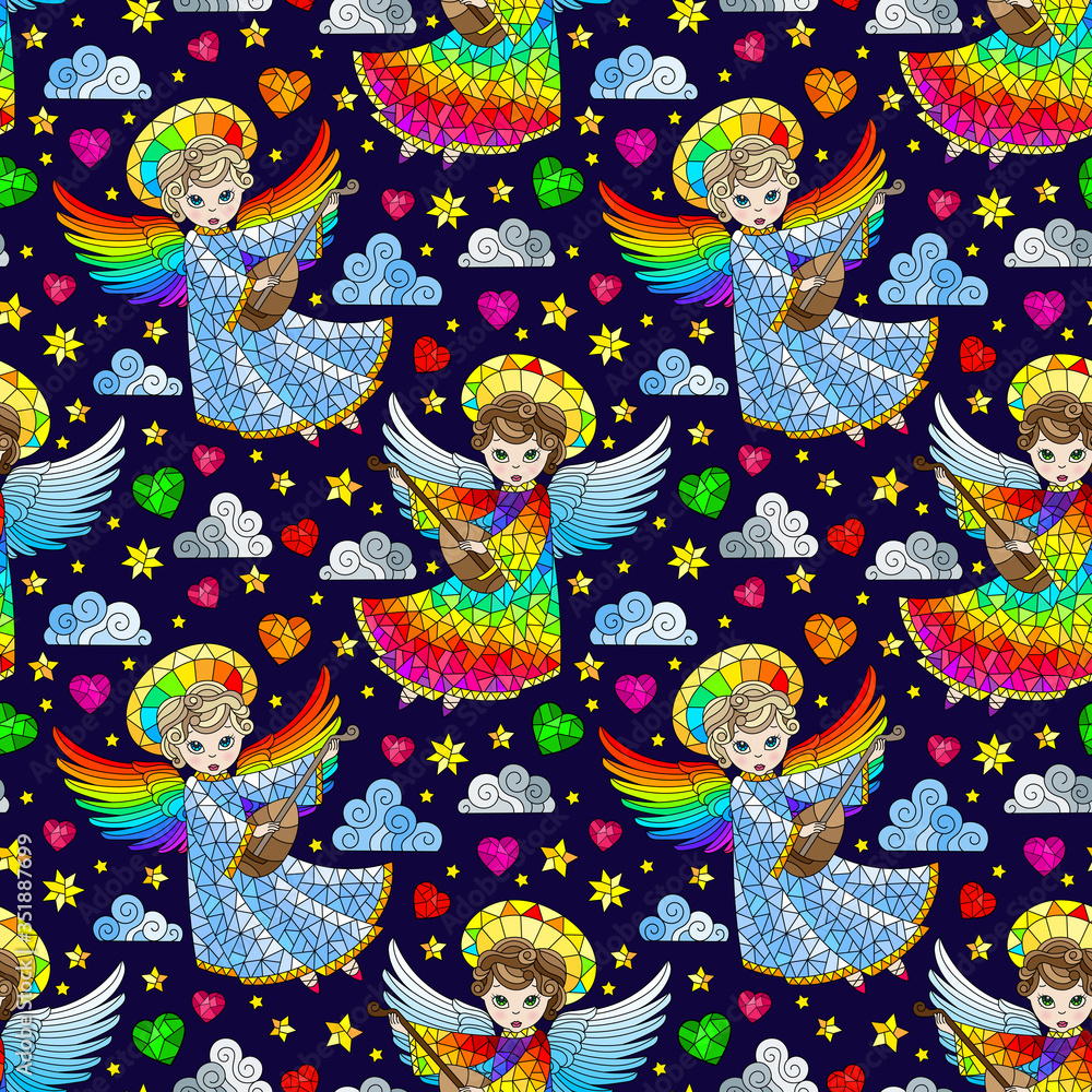 Seamless pattern on the theme of Valentine's day, cute angels and hearts on a dark blue background