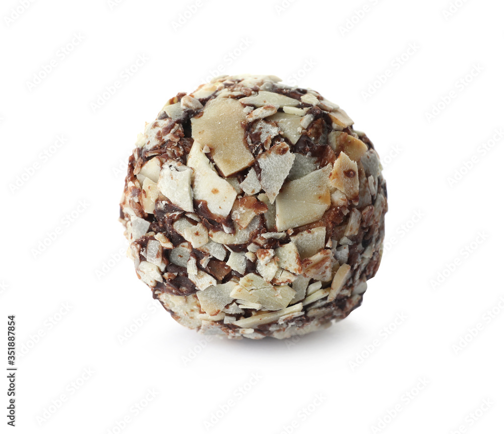 Delicious chocolate candy with almond flakes isolated on white Delicious chocolate candy with almond flakes isolated on white