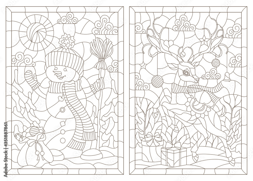 Obraz premium Set of contour illustrations of stained glass Windows on the theme of winter holidays, snowman and deer, dark outlines on a white background