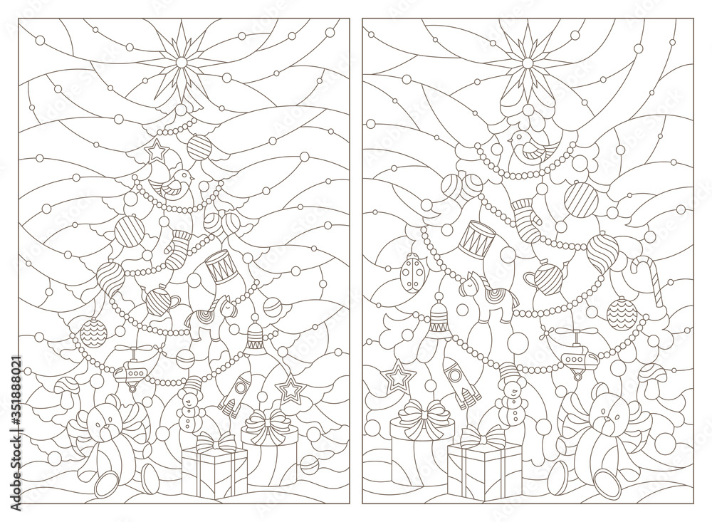 Contour illustrations of a stained glass window with a Christmas tree and a toy bear ,dark outlines on white background Contour illustrations of a stained glass window with a Christmas tree and a toy bear ,dark outlines on white background