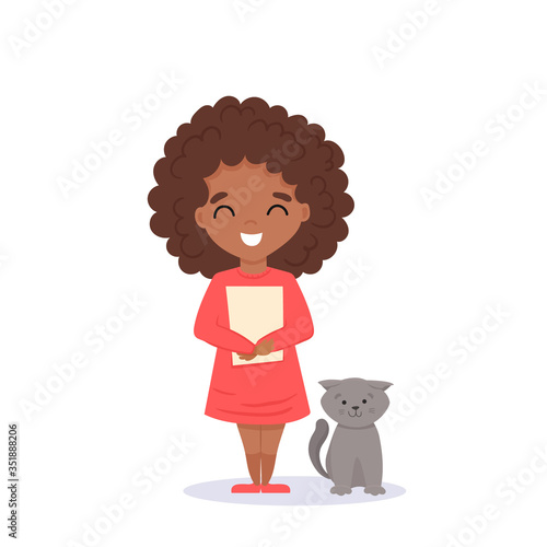 Vector cute little African American girl with hairstyle. Little girl dressed in red dress with cute cat. Vector flat cartoon hand drawn illustration