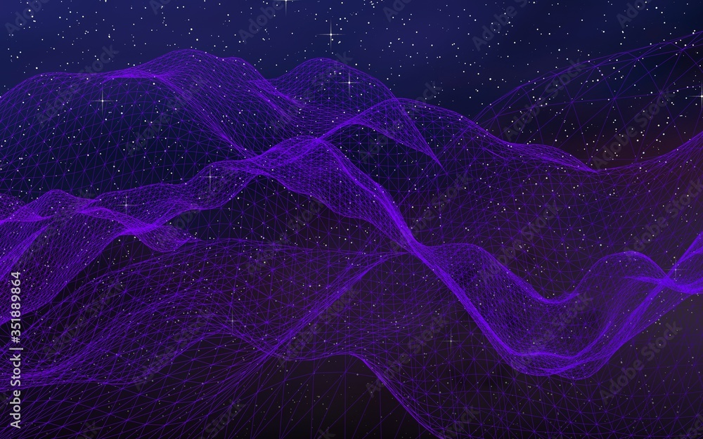 Fototapeta premium Abstract ultraviolet landscape on a dark background. Purple cyberspace grid. hi tech network. Outer space. Violet starry outer space texture. 3D illustration