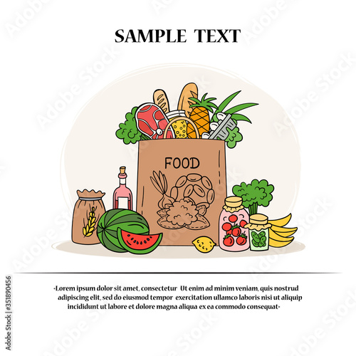 Vector colorful information card on the theme of food delivery, food supply, cooking. Cartoon background for use in design