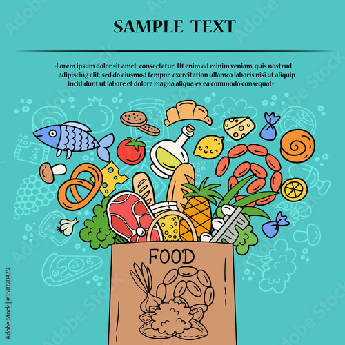 Vector colorful cover on the theme of food delivery, food supply. Cartoon information card for use in design