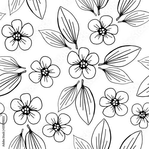 Seamless pattern with twigs and flowers. Hand isolated illustration on a white background for the design of the background, cover, sticker, template, cosmetic products. photo