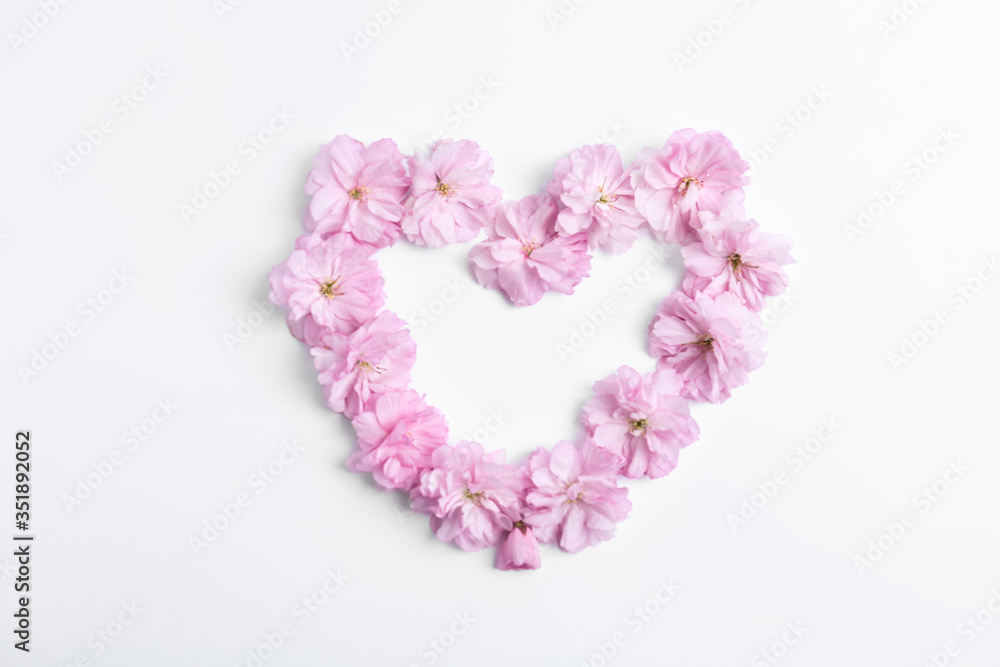 Heart made with sakura blossom on white background, top view. Japanese cherry