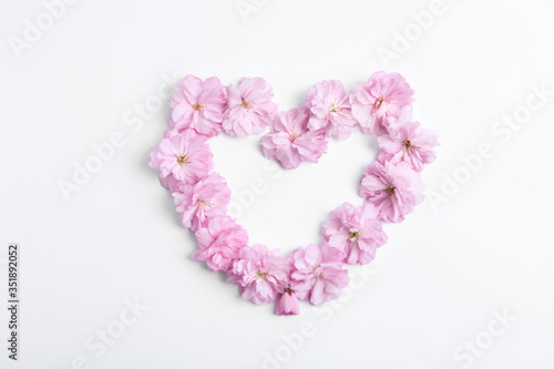 Heart made with sakura blossom on white background, top view. Japanese cherry