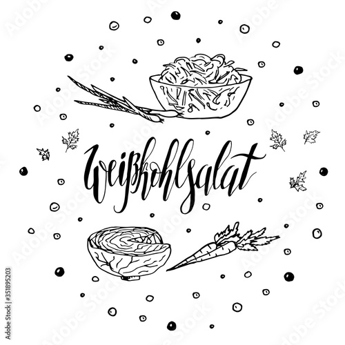 Cabbage vegetable salad in a glass bowl, head of cabbage, carrot, onion, herbs. Vector illustration black and white doodle on white background, isolated cut-out objects with German lettering