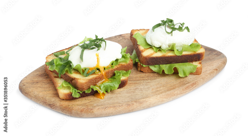 Delicious poached egg sandwiches isolated on white Delicious poached egg sandwiches isolated on white