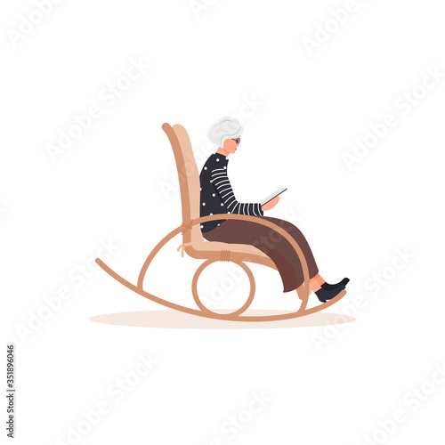 An elderly stylish woman is sitting in a rocking chair and reading a book isolated on a white background. Cartoon granny is resting in a comfortable in rocker and enjoying reading. Vector illustration
