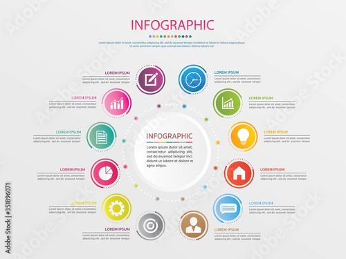 Infographics design vector and marketing icons. Business concept with 12 options, steps or processes .12 colors.