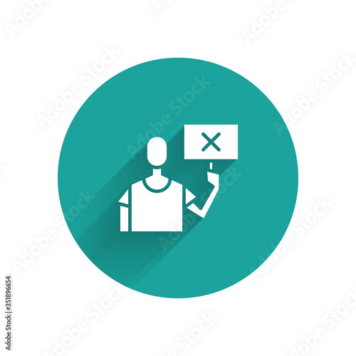 White Nature saving protest icon isolated with long shadow. Earth planet protection, environmental issues demonstration. Green circle button. Vector