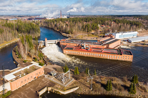 Aerial view of hydroelectric power generation plant at Kymijoki river, Finland. photo