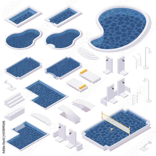 Isometric set of different types of pools, shower, deck chairs, springboards for the pool with water volleyball net
