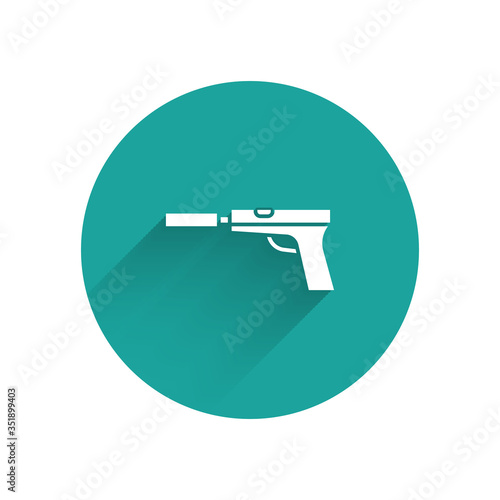 White Pistol or gun with silencer icon isolated with long shadow. Green circle button. Vector