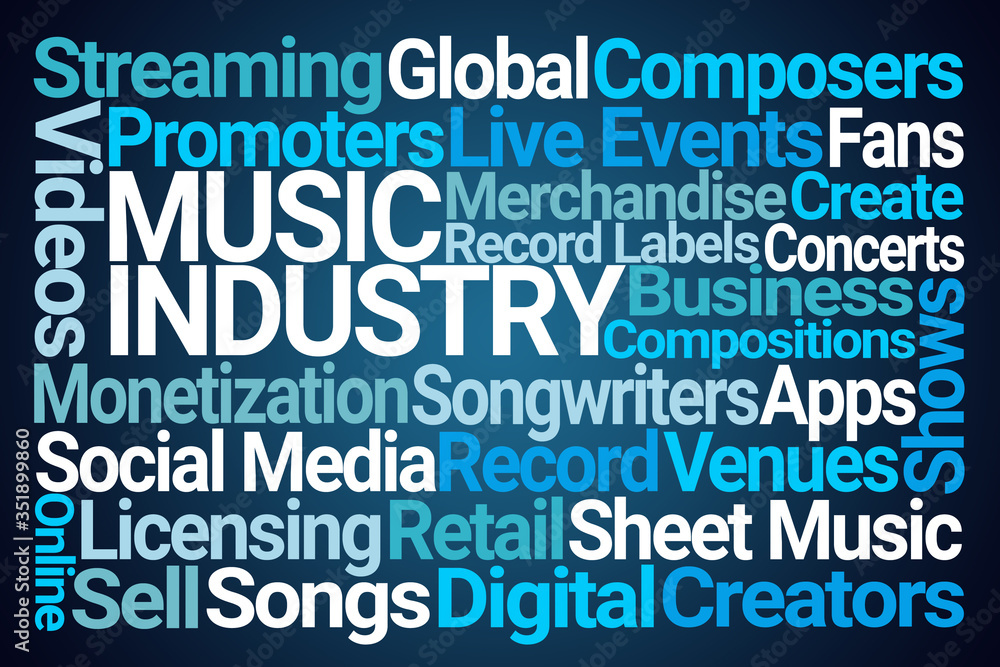 Music Industry Word Cloud on Blue Background Music Industry Word Cloud on Blue Background