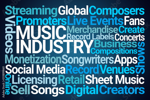 Music Industry Word Cloud on Blue Background