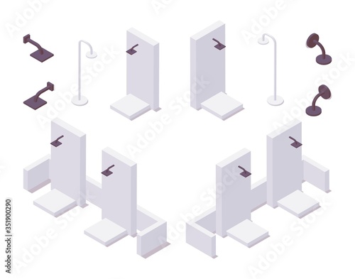 Isometric set street shower stands on the beach.