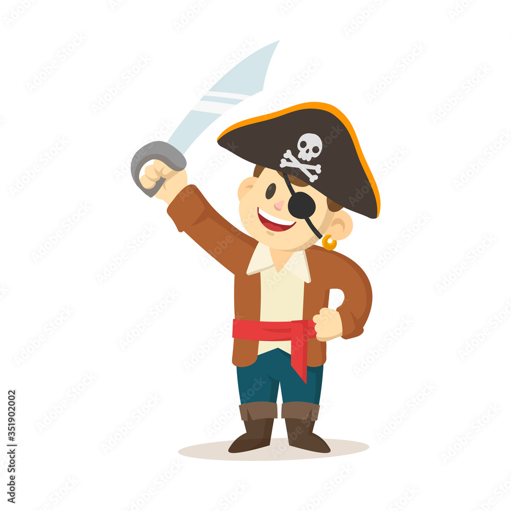 Cartoon pirate kid with sword and pirate hat. Colorful flat vector illustration, isolated on white background.