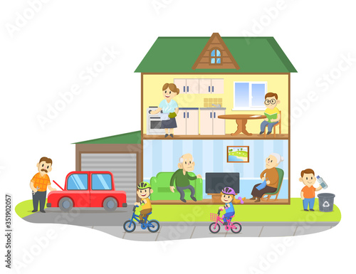 Two-storie house model cross section with people in it. Rooms with furniture, detailed interior. Colorful flat vector illustration, isolated on white background.