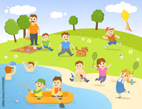 Summertime in public park. Different recreation outdoor activities. Camping, playing, picnic, swimming. Colorful flat vector illustration.