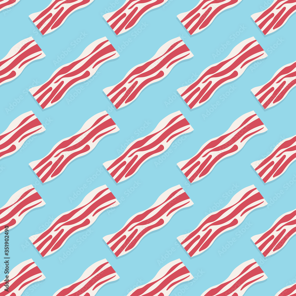 Seamless pattern with raw bacon slices on blue background.