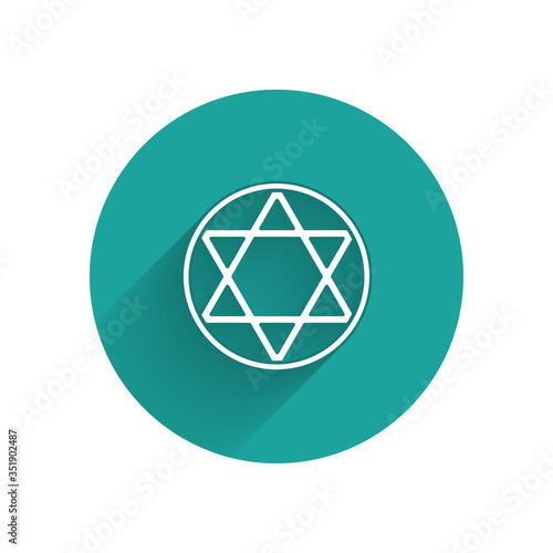 White Star of David icon isolated with long shadow. Jewish religion symbol. Symbol of Israel. Green circle button. Vector