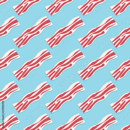 Seamless pattern with raw bacon slices on blue background.