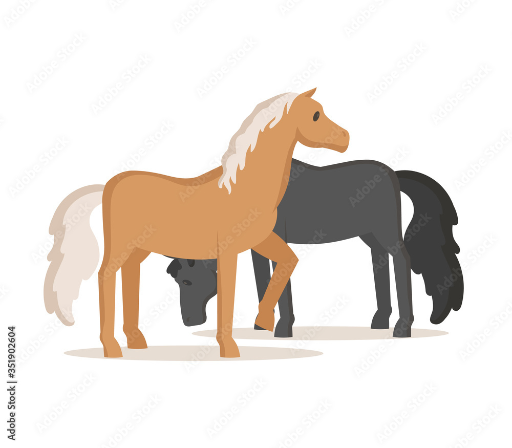 Horses grazing. Colorful flat vector illustration, isolated on white background.