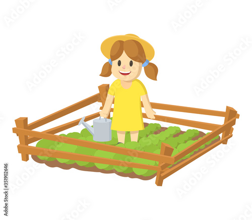 Cartoon girl wearing straw hat holding watering can and growing plants in garden beds. Homegrown vegetables, eco friendly farming. Colorful flat vector illustration, isolated on white background.