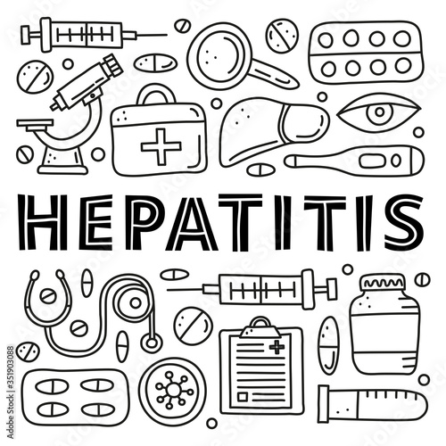 Poster with doodle outline hepatitis medical icons including liver, microscope, syringe, test tube, eye, first aid kit, stethoscope loupe, virus isolated on white background.