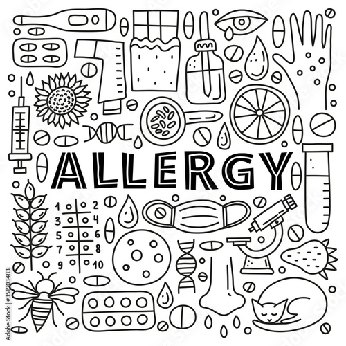 Poster with lettering and doodle outline allergy icons including skin rash, runny eye, mask, cat, honey bee, microscope, dnk, pipette bottle, syringe, thermometer, etc isolated on white background.