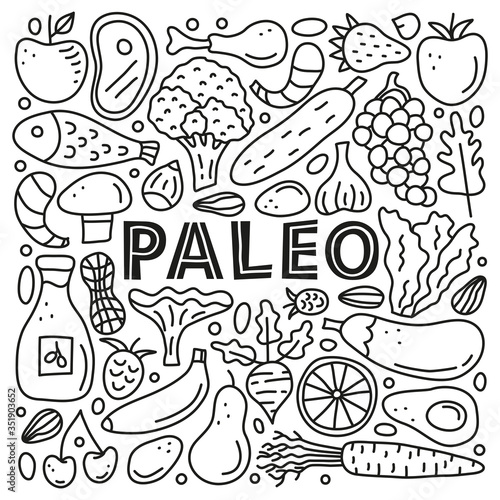 Poster with lettering paleo and doodle outline foods including fish, meat, vegetables, eggs, oil, nuts, berries isolated on white background.