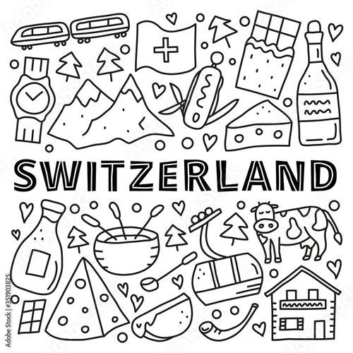 Poster with doodle outline Switzerland travel icons including cheese, chocolate, cable car, train, cow, Alpine mountains, house chalet, fondue, alphorn, wine, milk, etc isolated on white background.